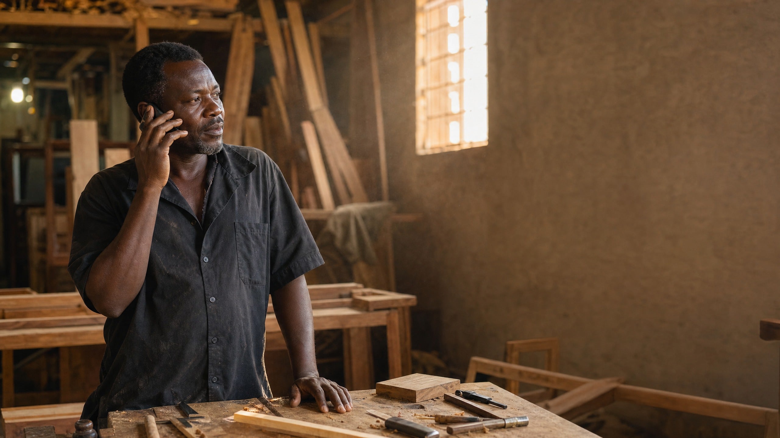 Furniture maker in a sunlit workshop listening during a phone conversation.